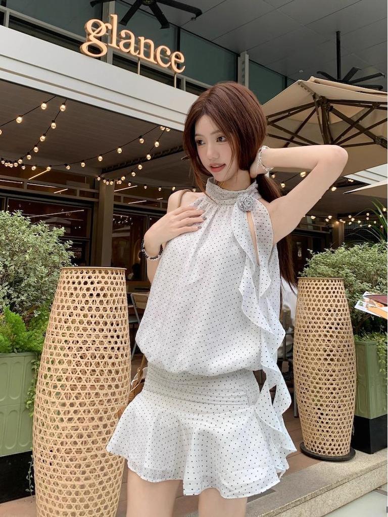 French Chic Polka Dot Sleeveless Halter Dress - Trendy Summer Skirt for Women
