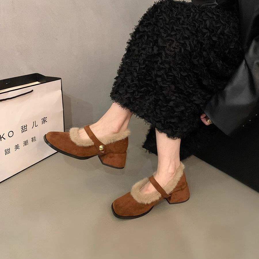 

Xiaoxiangfeng туфли на высоком каблуке, пушистые туфли, женская обувь, обувь для подружек невесты зимой, туфли Мэри Джейн, осенне-зимние бархатные туфли, леопардовые 39