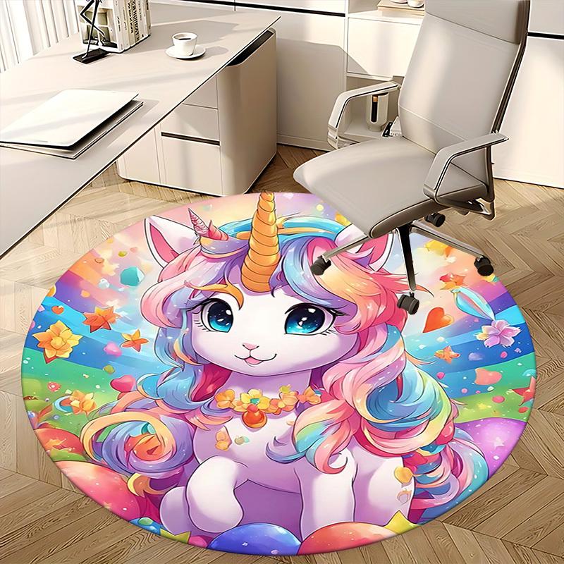 1pc Rainbow Unicorn Round Carpet Anime Design Chair Mat, Non Slip Rug for Office & Home Decor
