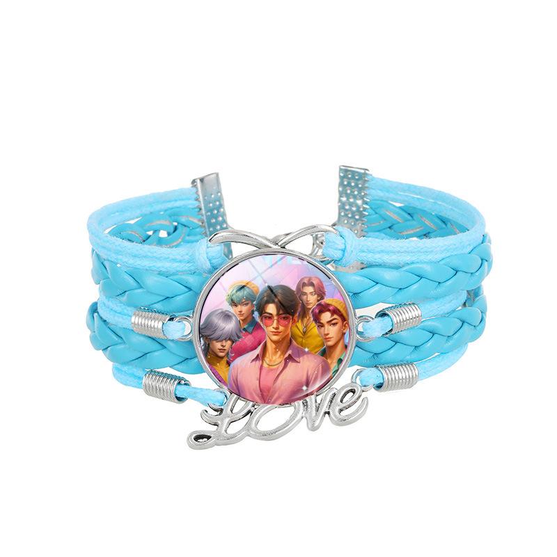 1Pc Demon Hunters KPOP Cartoon Time Gem Bracelet, Leather Braided Blue Multi Layer