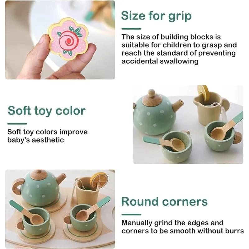 15PCS Wooden Afternoon Tea Set for Kids Pretend Play Kitchen Toys Early Educational Toys Role Play Game for Boys & Girls