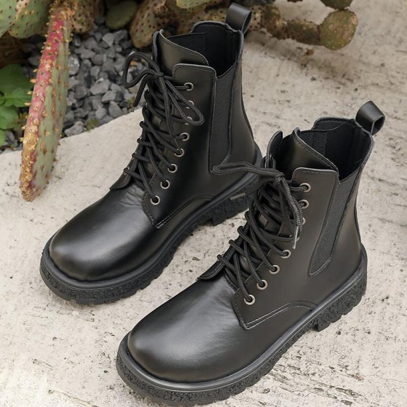Spring Autumn Luxury Lace-Up Ankle Boots for Women Waterproof Square Heel Women's Boots Round Toe Solid Shoes of Woman