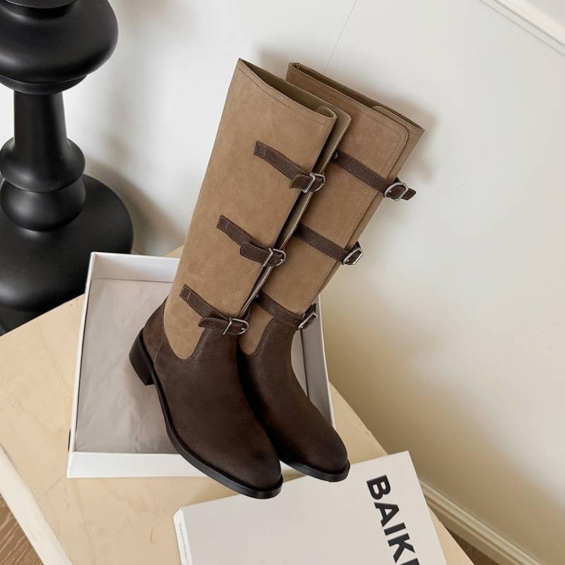 Autumn and winter women's leather tall boots solid color versatile medium heel large size women's boots rubber soft sole big tube circumference Ma