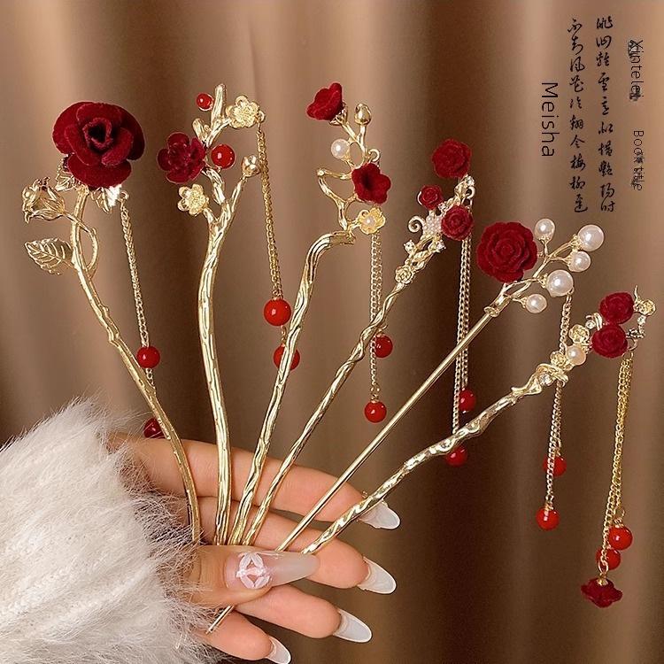Haarnadel mit roter Blume und Quaste im chinesischen Stil für Damen