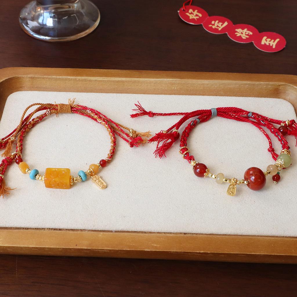 Handmade original refined natural Nanhong agate Hetian jade red rope braceletfashion women daily jewelry gift