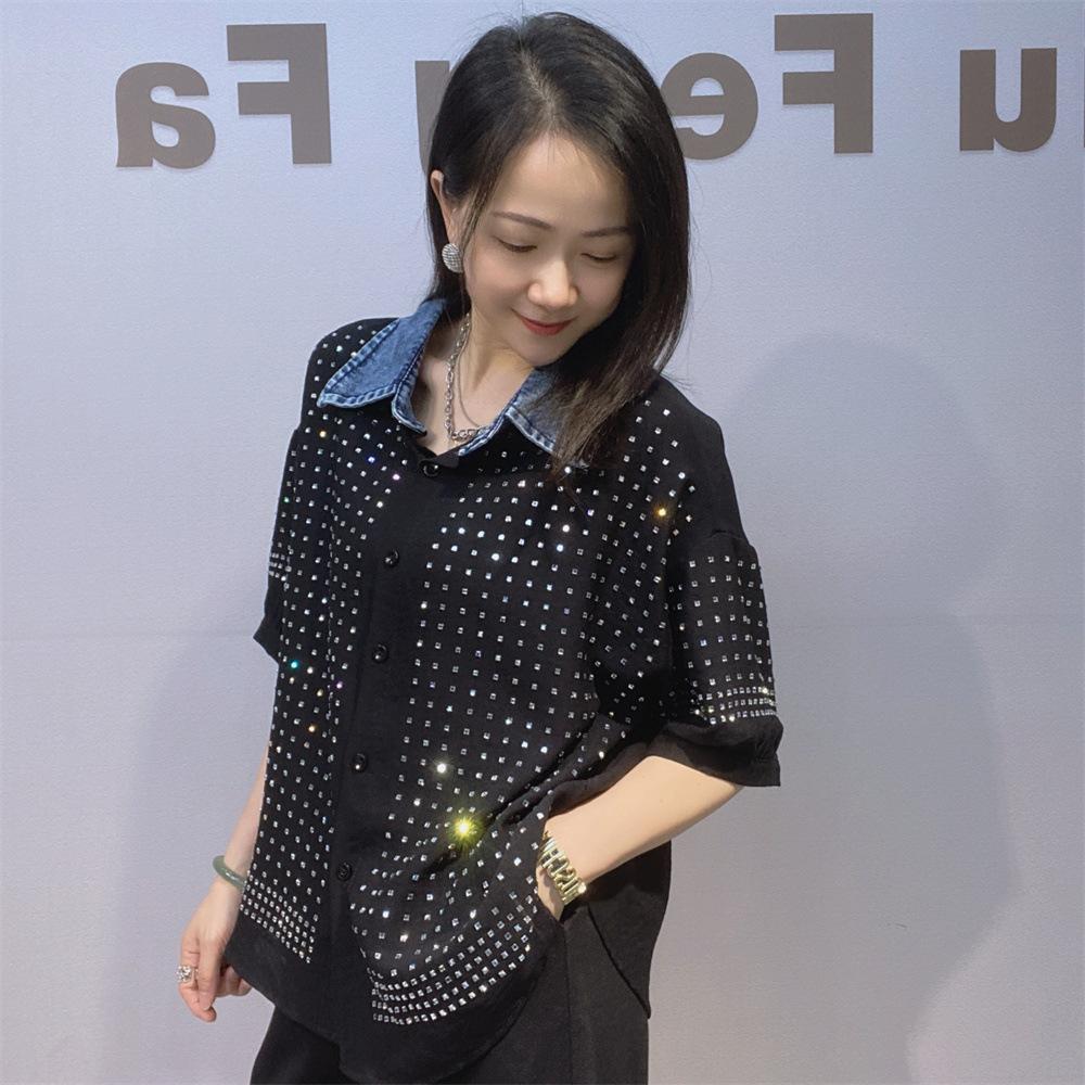 Heavy-duty Sequined Denim Patchwork Short-sleeved Blouse for Women - Summer Loose-fitting Fashionable Large-sized Top