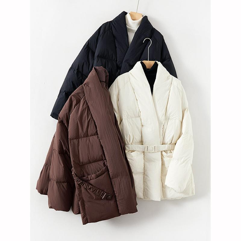 Women Down Jacket Casual Loose Belt V Neck Collar Fashion Autumn Winter Outwear Coat
