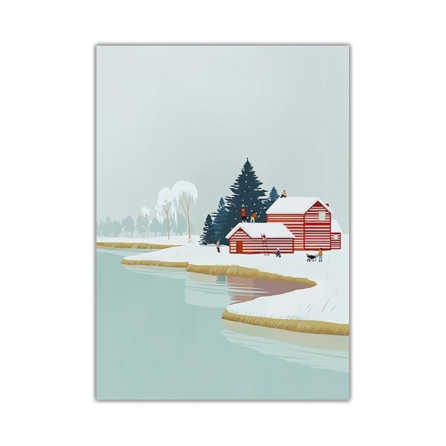 Winter Village Train Landscape Canvas Painting Nordic Anime Style Natural Poster Print Wall Art Picture Modern Home Decoration