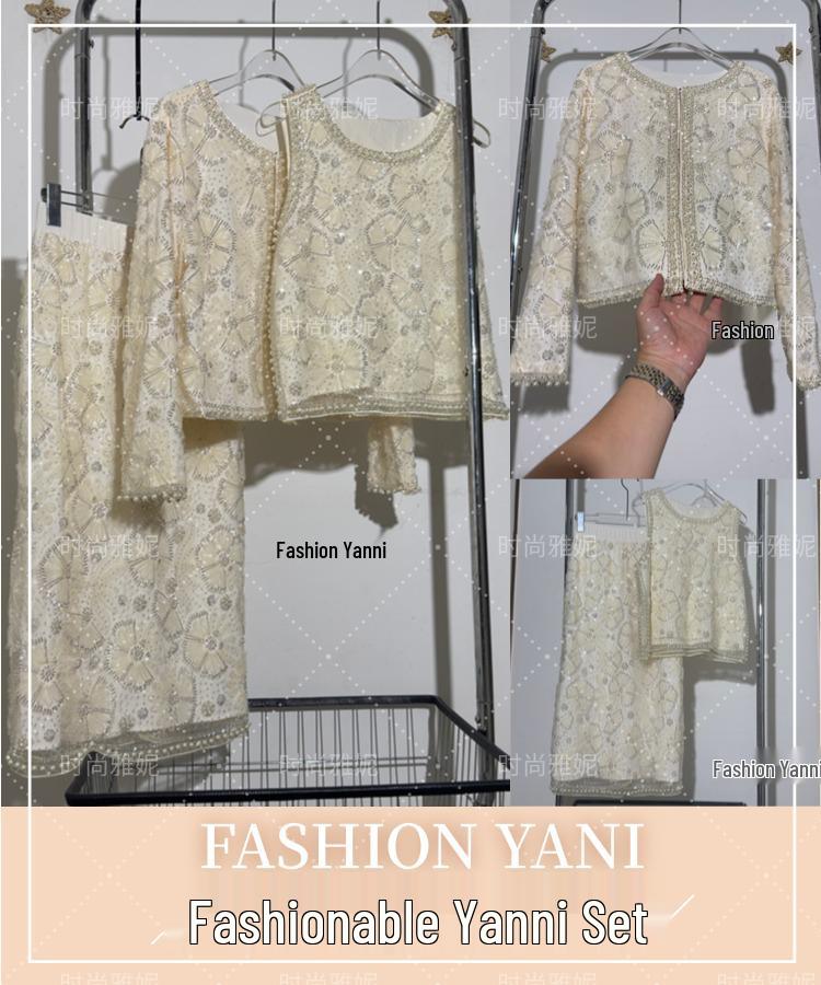 Evropský a americký styl flitrová perlová květinová vesta, sukně a kardigan set