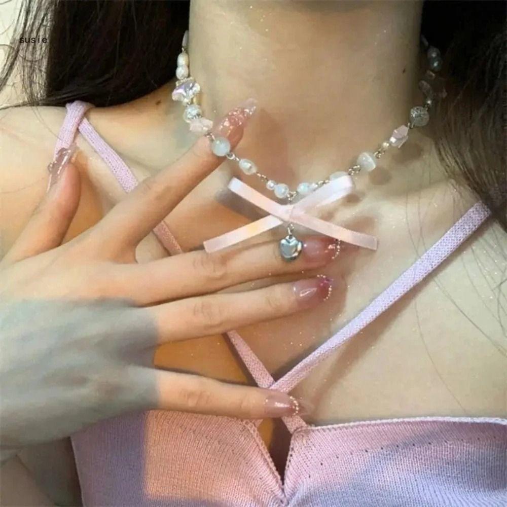 Zircon Bowknot Pendant Choker Pearls Balletcore Choker Retro Pink Bow Necklace Birthday Gift