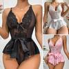 Women Bedroom Bodysuit V Neck See-through Lace Patchwork Bow Ruffle Playsuit Off Shoulder Backless Adjustable Spaghetti Strap Nightdress for