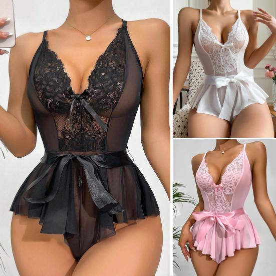 Women Bedroom Bodysuit V Neck See-through Lace Patchwork Bow Ruffle Playsuit Off Shoulder Backless Adjustable Spaghetti Strap Nightdress for