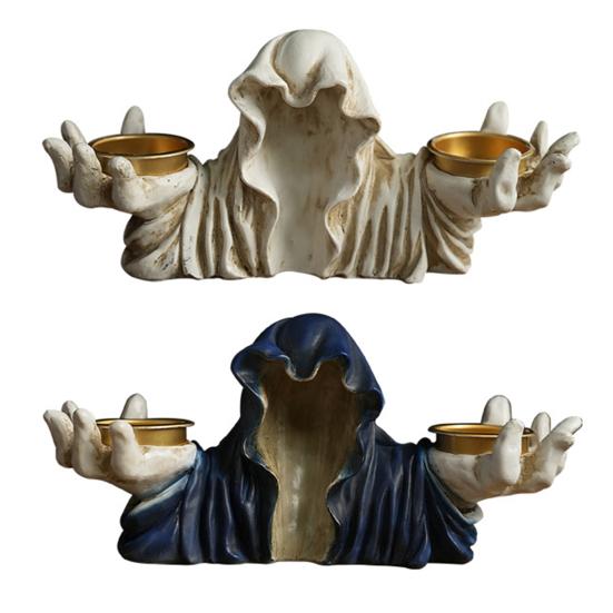 Halloween Grim Reaper Candle Holder Gothic Grim Reaper Statue Resin Candlestick Desktop Decoration for Halloween Home Decor