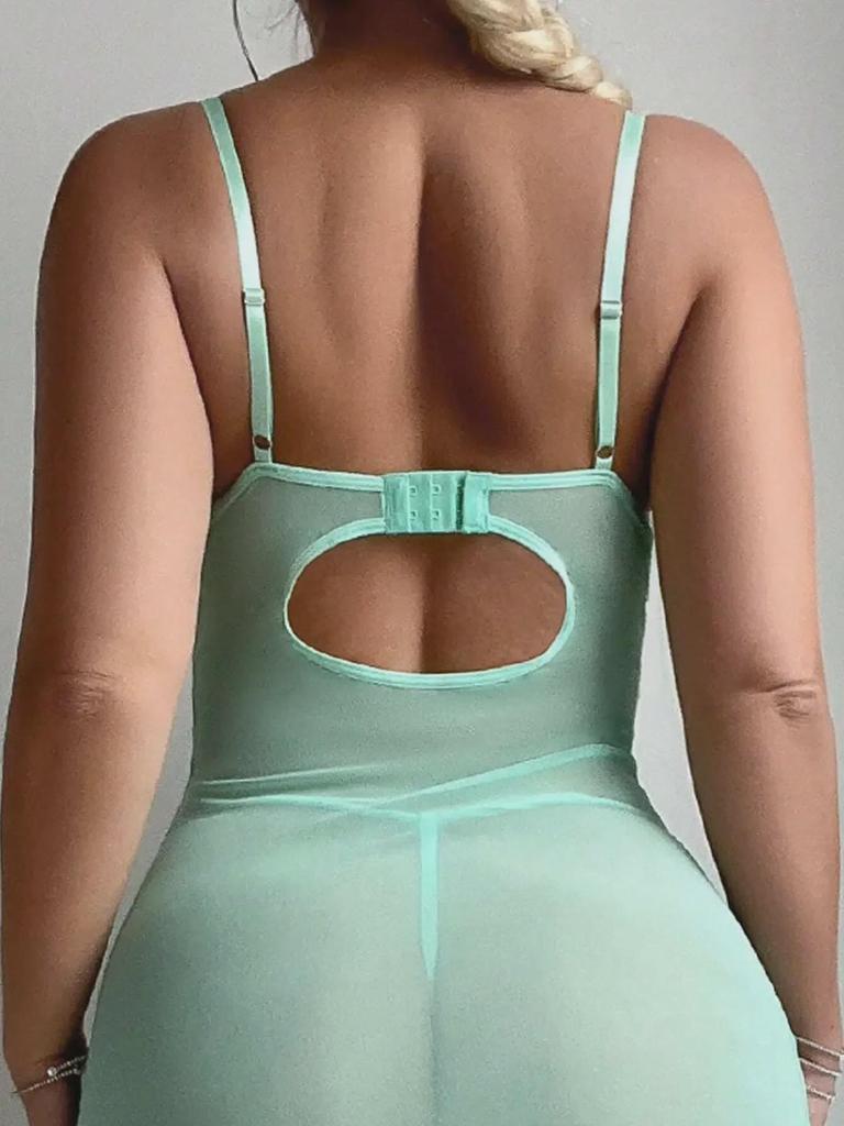 European & American Style Light Blue Mesh Lace Backless High Slit Suspender Dress