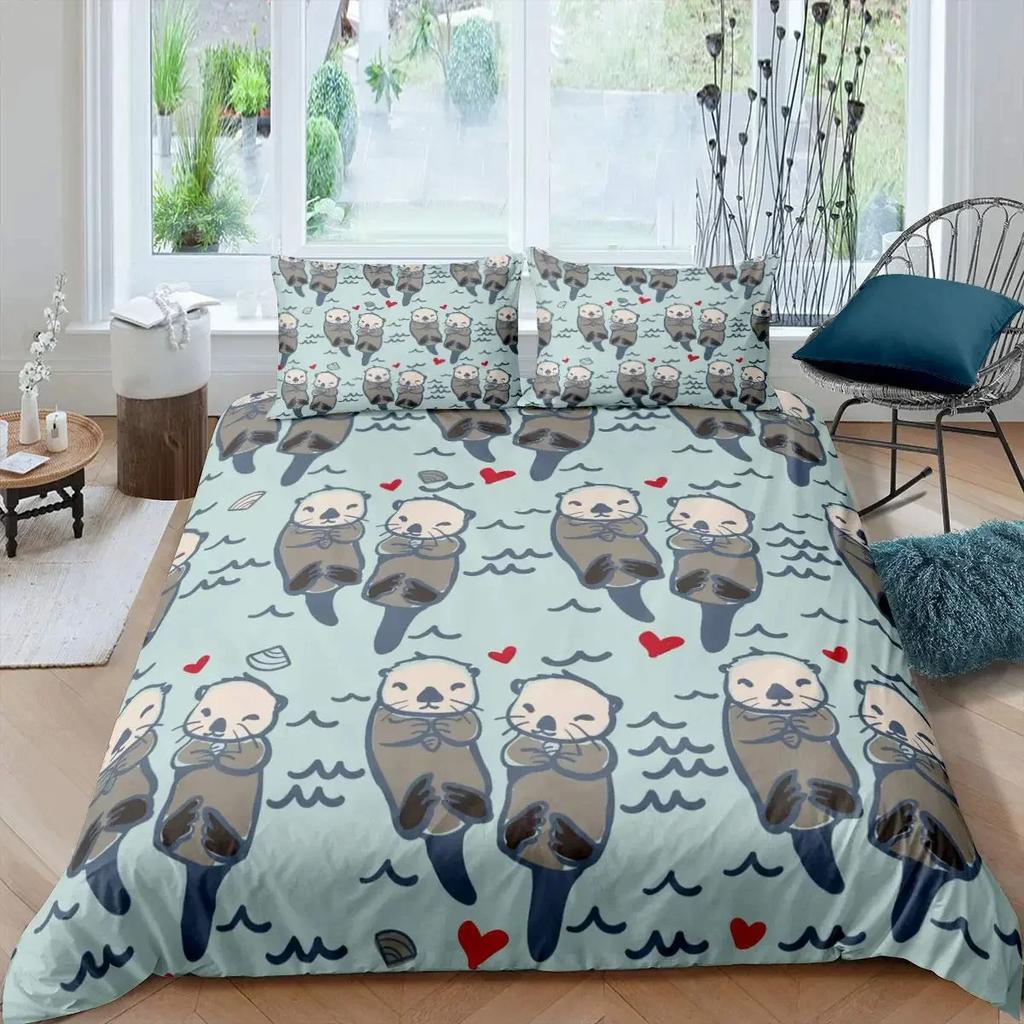 Seal Duvet Cover King Size Lovely Swimming Seal Bedding Set Cute Ocean Exotic Style 2/3Pcs Marine Life Polyester Comforter Cover