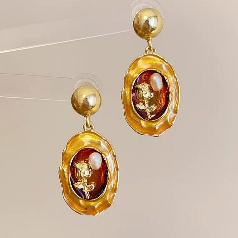 French retro green oil painting antique flower stud earrings female, court style earrings baroque pearl earrings