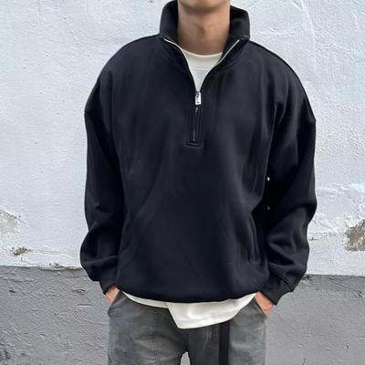 Men Fall Winter Sweatshirt Half-zipper Stand Collar Pure Color Loose Pullover Long Sleeves Casual Daily Streetwear Top