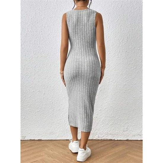 Women's Sleeveless Square Collar Suspender Furry Vertical Vest Dress Elegant Sexy Slit Legs Midi Dress