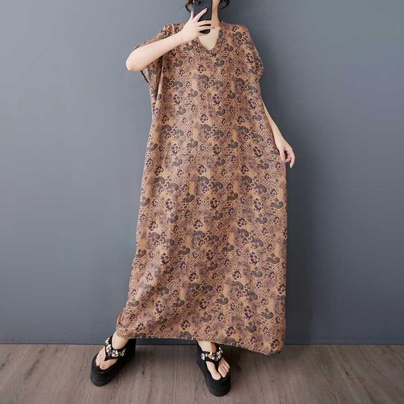 Large Size Floral Dress, Retro Long Robe for Ladies