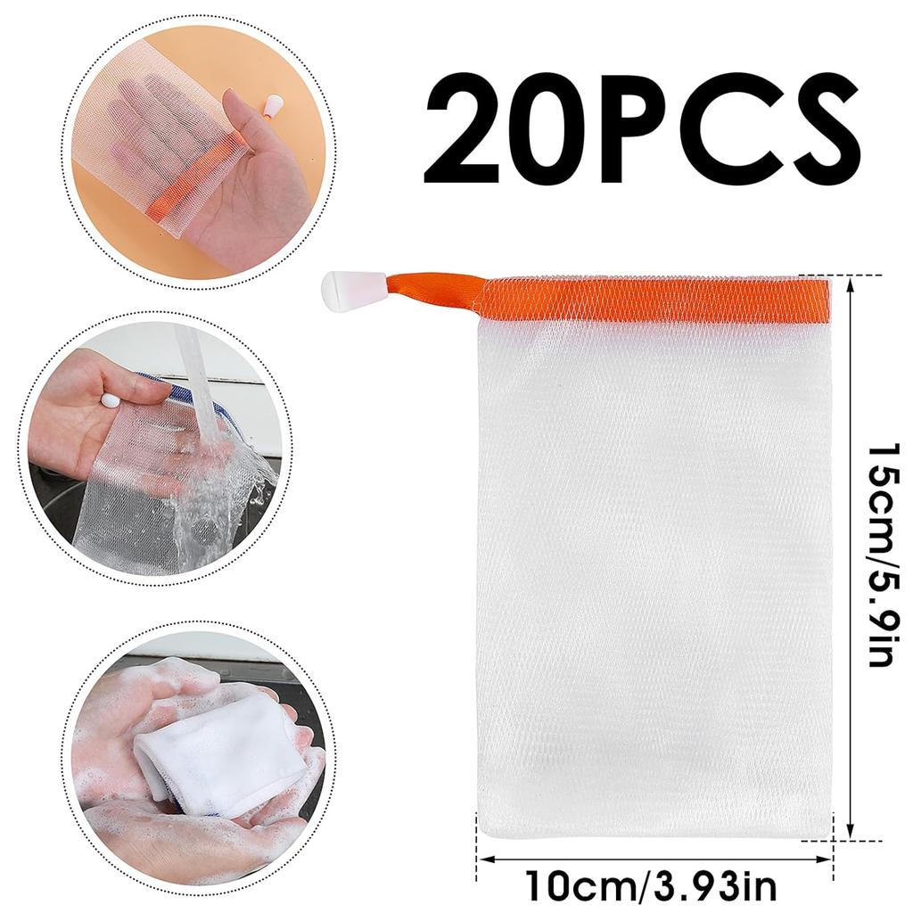 Handmade Soap Mesh Bags 20 Pack Facial Double Layer Bubble Net Ancient Shampoo Small Pouch Face Cleansing Exfoliating Foaming Nets with Drawstring