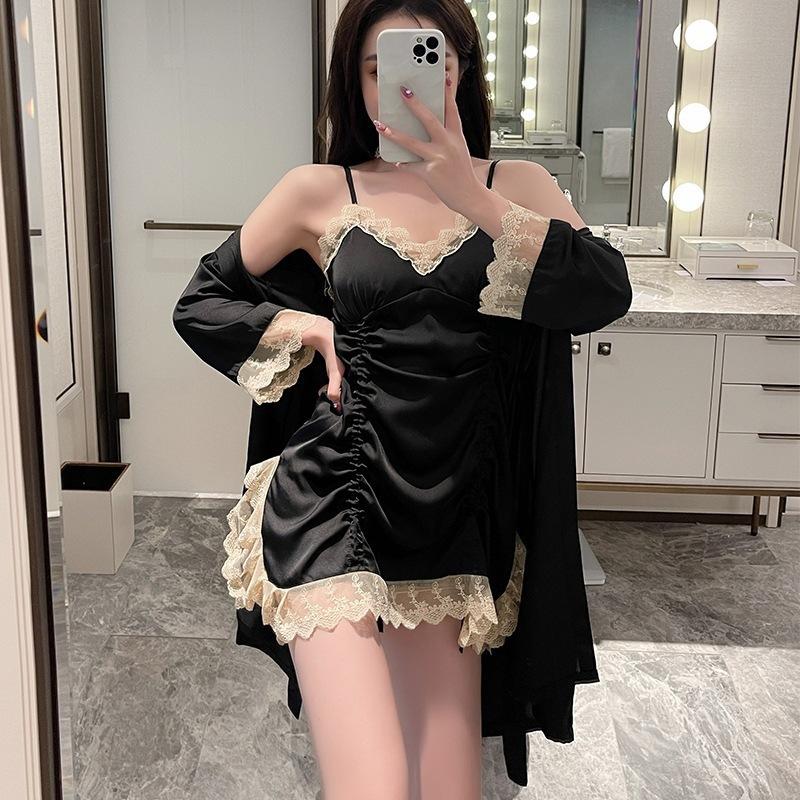Pajamas Women's Summer Ice Silk Nightgown Two-piece Set High-end New Pure Desire Sexy Loungewear Spring and Autumn