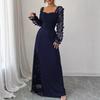 Elegante Abito Maxi Floreale a Rete Patchwork, Scollo Quadrato, Manica Lunga, Vita Alta, per Donna
