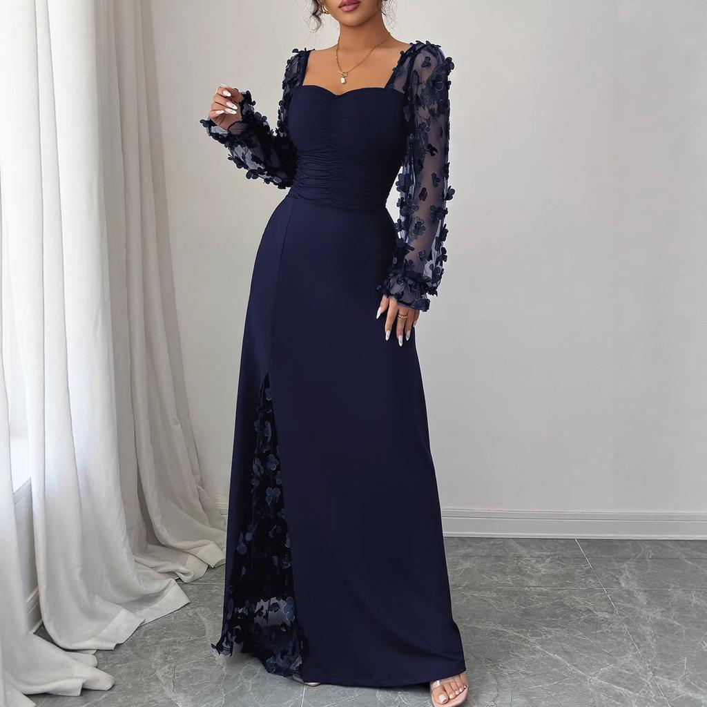 Elegante Abito Maxi Floreale a Rete Patchwork, Scollo Quadrato, Manica Lunga, Vita Alta, per Donna