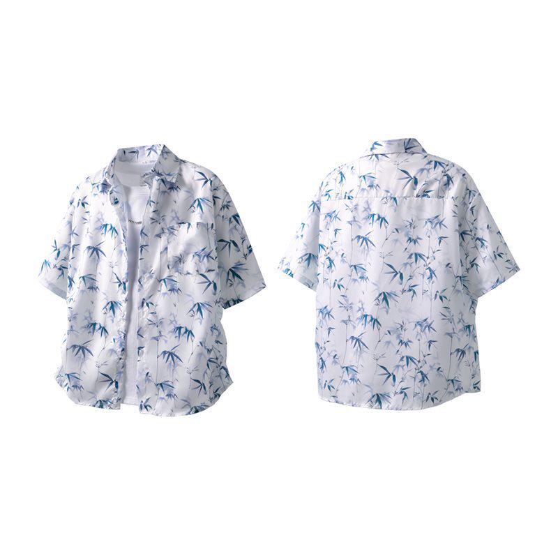 Chinese Ink Wash Bamboo Leaf Print Short Sleeve Casual Shirt