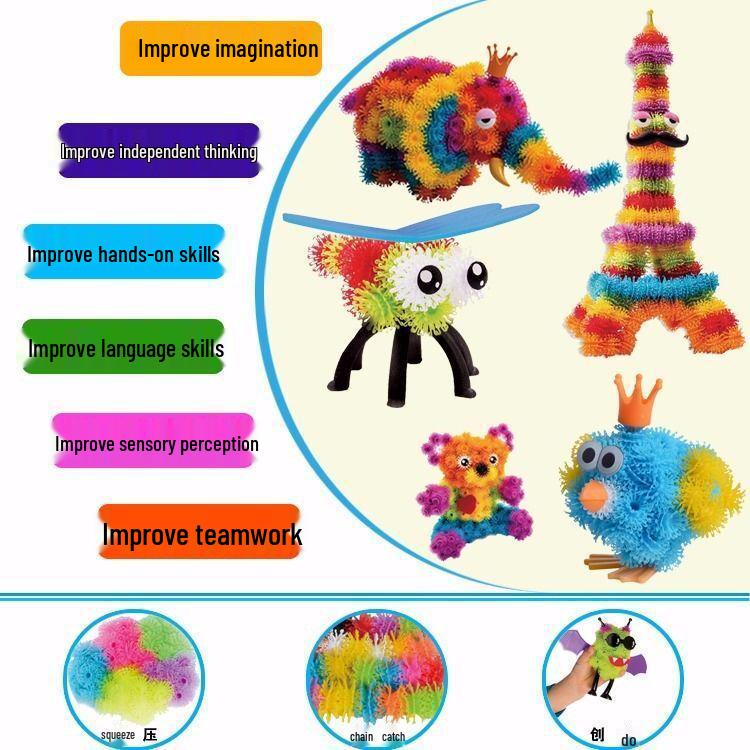 Fluffy Pom-Pom DIY Assembly Double Hook Squeeze Ball Educational Toy