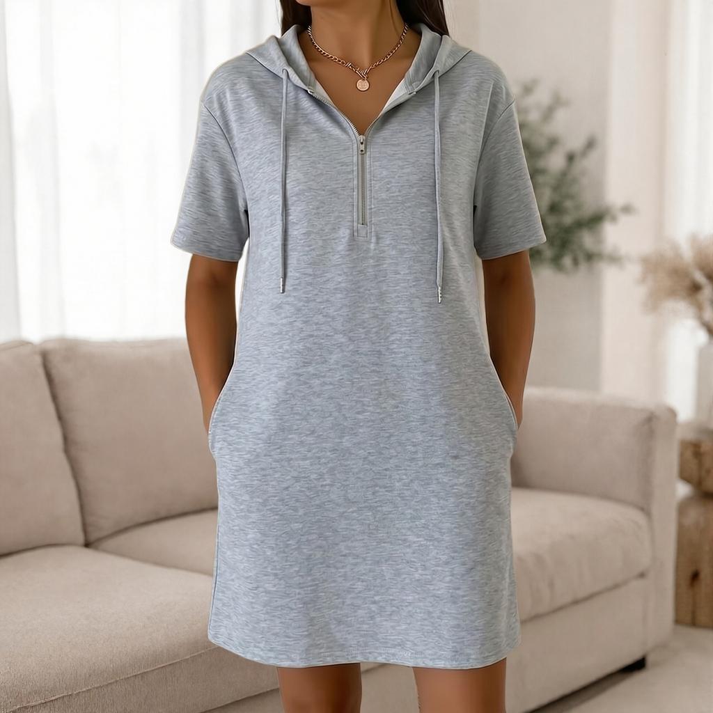 Women Hooded Short Sleeve Dress with Zipper Front Pockets Casual Straight Fit Knee Length Pullover