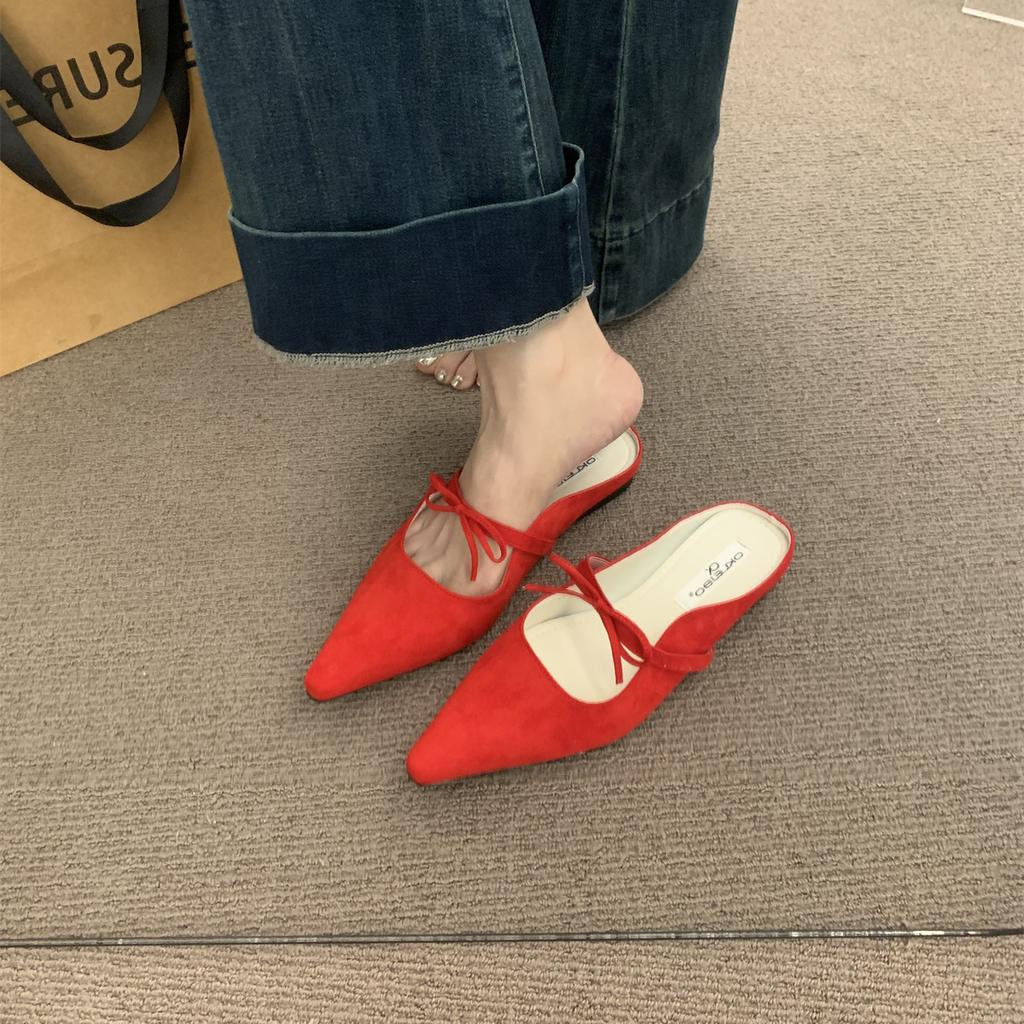 Fashion Female Shoes Ladies' Slippers Flock Cover Toe Luxury Slides Butterfly-Knot 2025 Designer Pointed Butterfly-knot Mary Janes