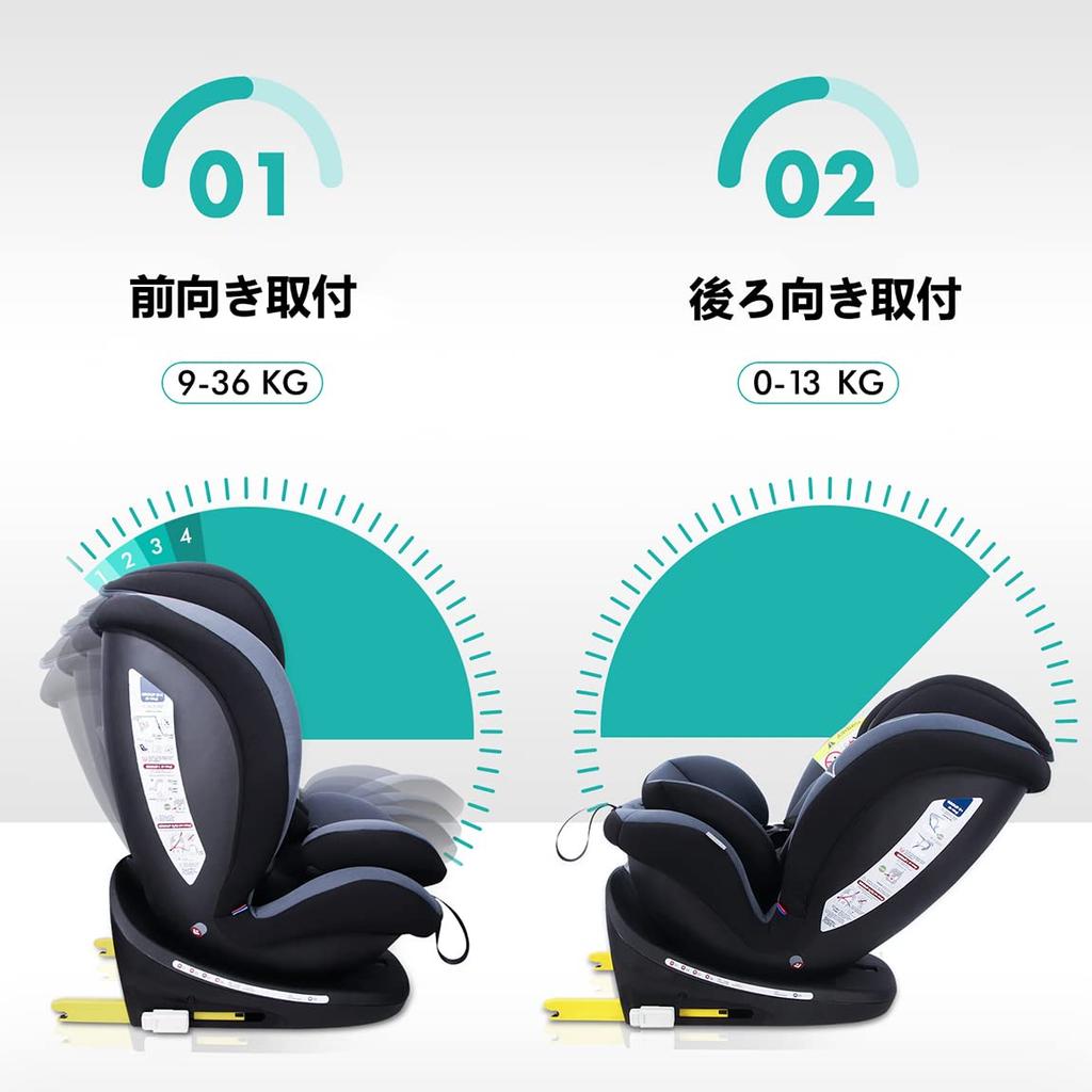 Reecle Child Seat Rotating Newborn 12 Years Old ISOFIX Compatible Seat Belt Fixed 360° ~ (0~36kg) (Black)