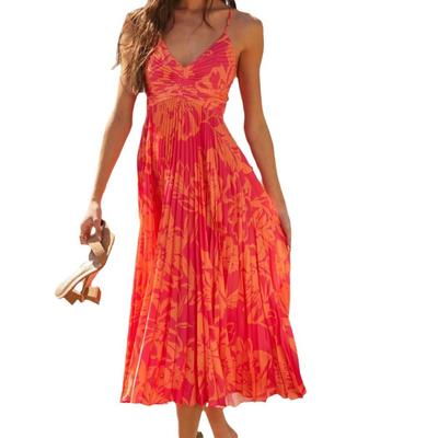 Women's V-neck Suspender Dress Printed Sleeveless Beach Pleated Sexy