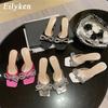 Fashion Eilyken Summer Glitter Crystal Butterfly-knot Slippers Women Fashion Square Toe Transparent Low Heels Female Slides Shoes