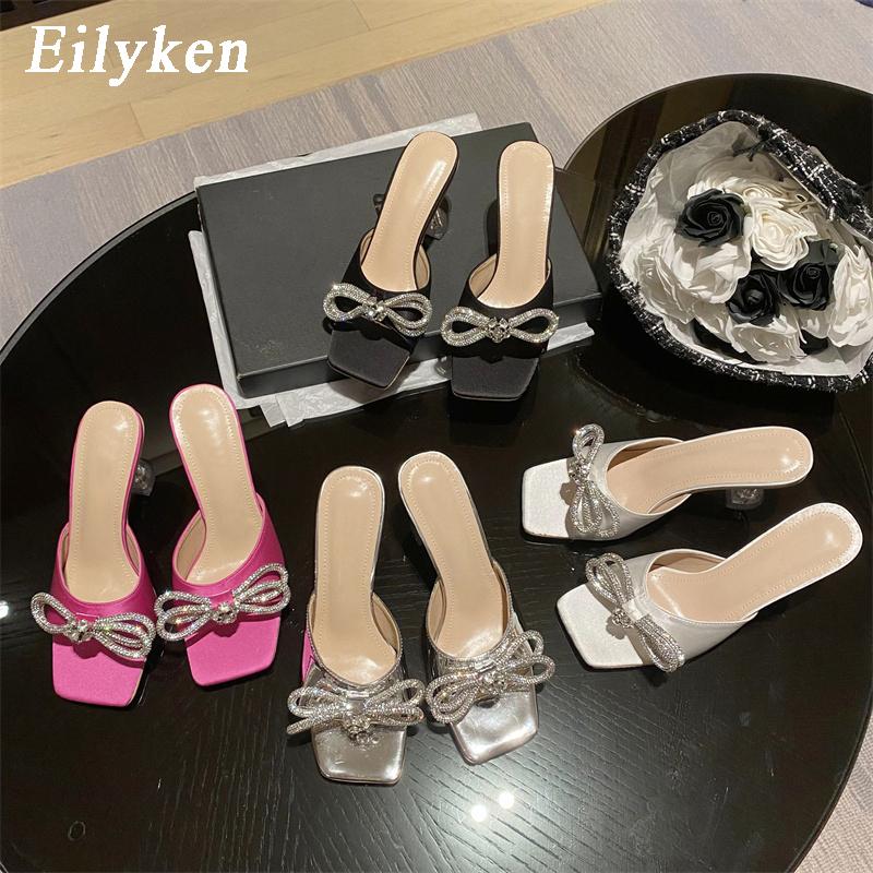 Fashion Eilyken Summer Glitter Crystal Butterfly-knot Slippers Women Fashion Square Toe Transparent Low Heels Female Slides Shoes