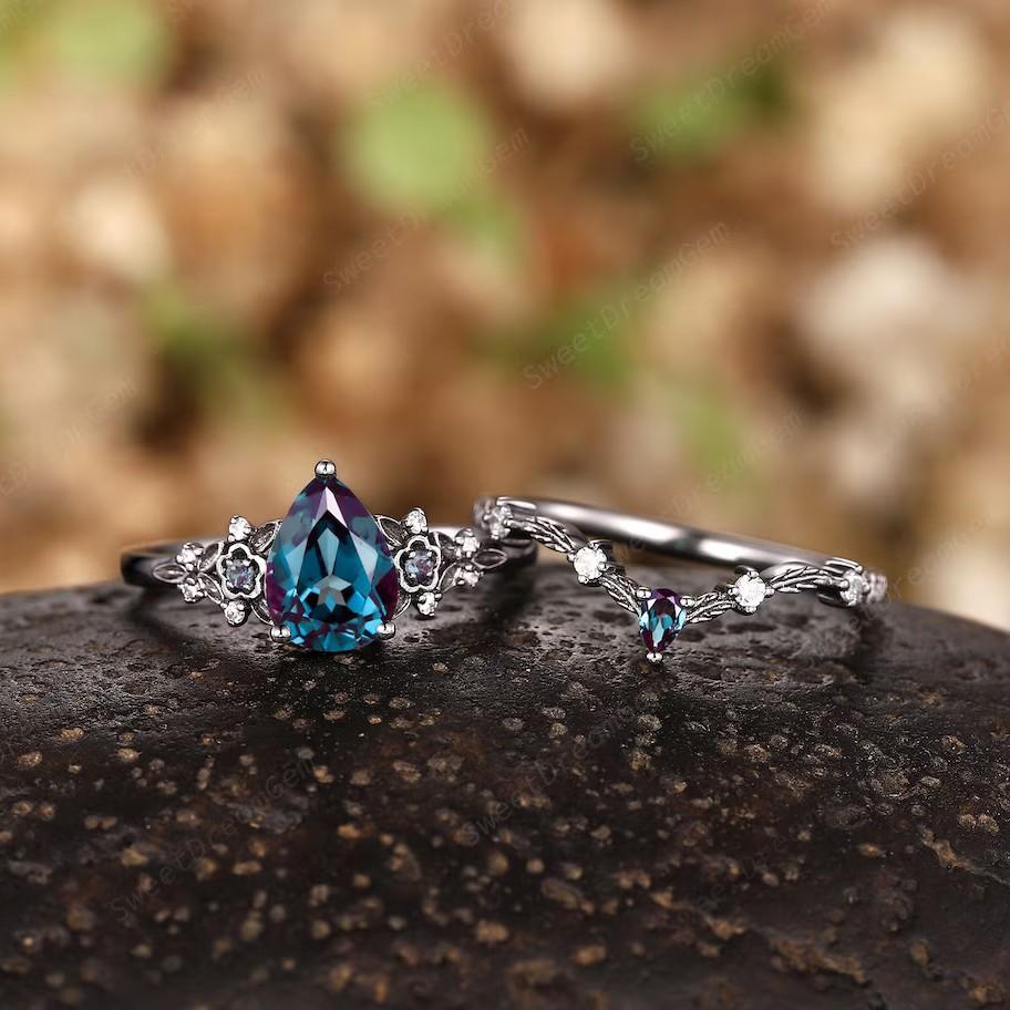 Alexandrite Black Leaf Engagement Set Blue Zircon Couple Ring High-end Ring