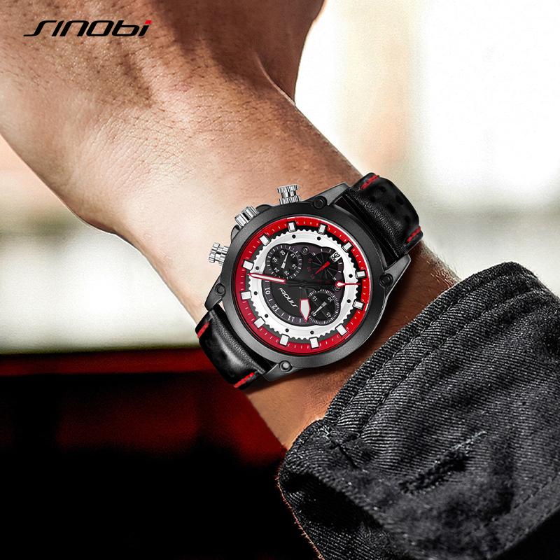 SINOBI New Fashion Sports Mens Watches Stainless Steel Chronograph Man Quartz Wristwatches Luminous Hands Male's Calender Clock