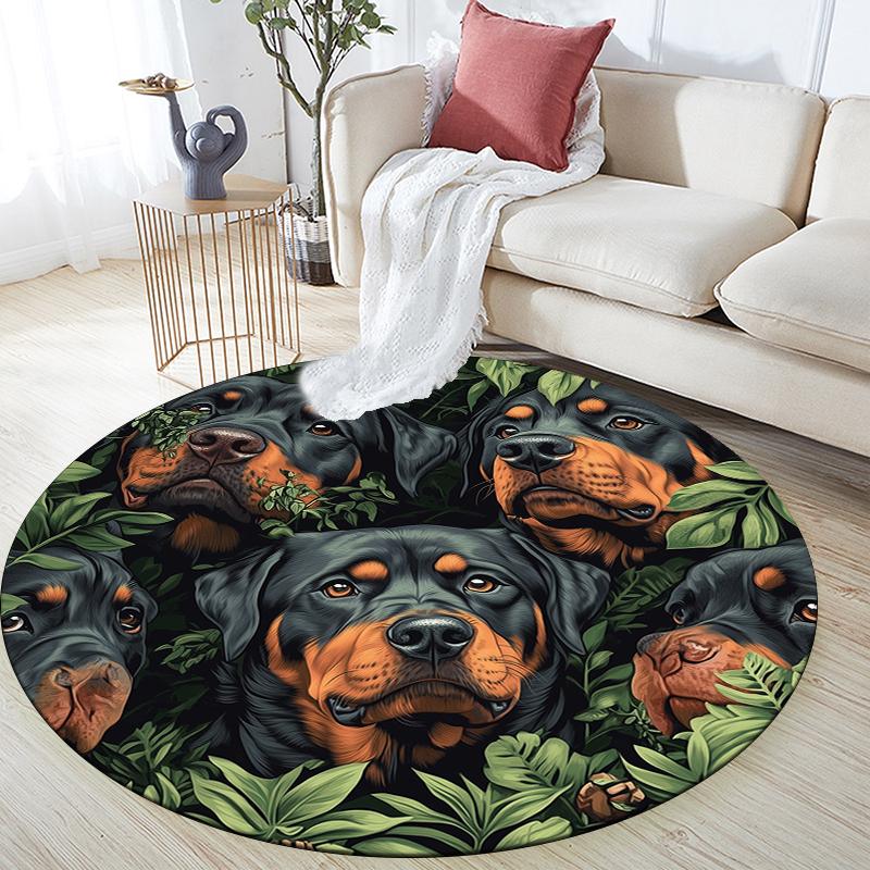 Rottweiler and leaves pattern round rug,Carpet Rug for Living Room Bedroom Playroom ,Non-slip Floor Mat,Holiday Gifts and Birthday Gifts.