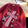Oversized Gothic Pink Cross Print Hoodless Sweatshirt Thick Fleece Lined Unisex Streetwear Fall Winter