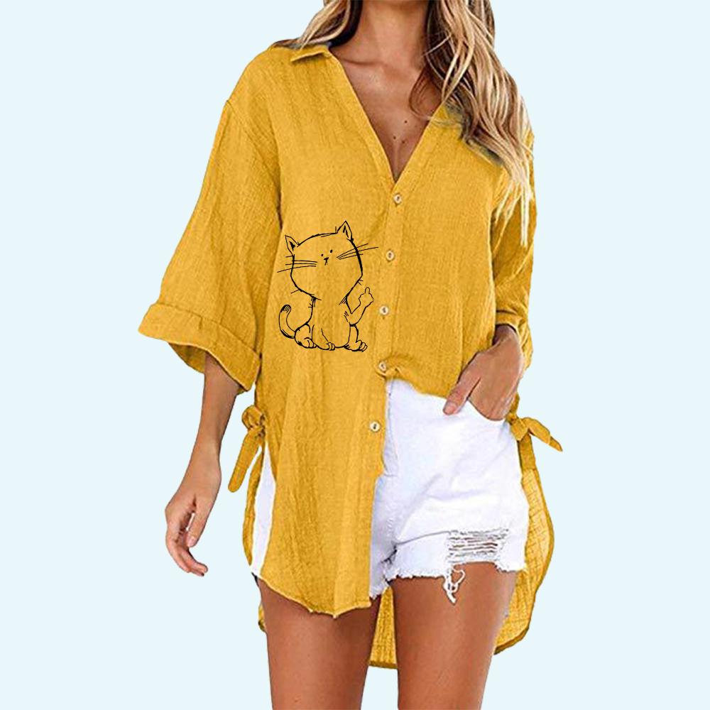 

Женская модная рубашка с принтом кошки, летняя и осенняя модная футболка с коротким рукавом на пуговицах, женская повседневная футболка с v-образным вырезом, свободные длинные блузки 5XL жёлтый