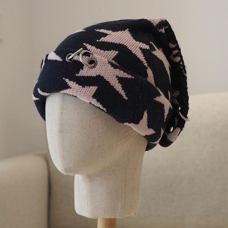 Lovely Bunnies Ear Knitted Hat Star Pattern Winter Hat Outdoor Softable Warm Hat for Winter Warmth