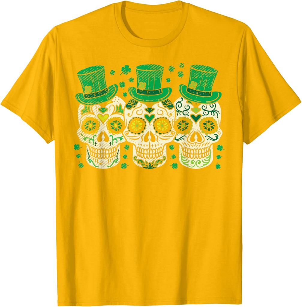 Irish Sugar Skull Leprechaun St Patricks Day Graphic Tee Men Casual Cotton T-Shirt