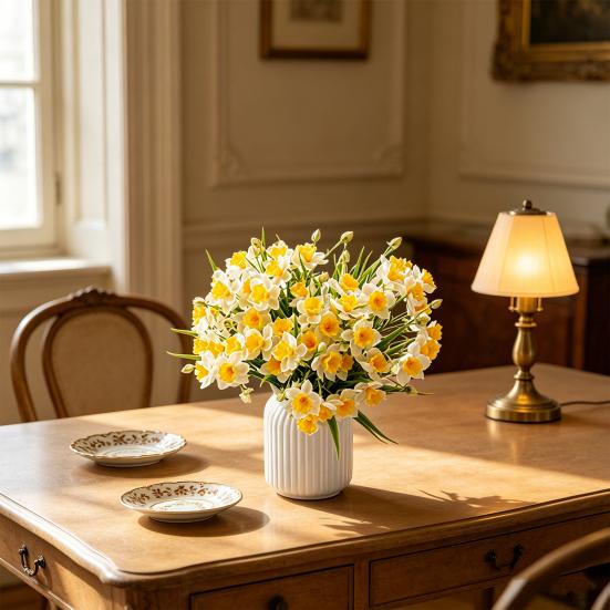 2 Bunches 20 Blooms Artificial Daffodils Flowers Faux Spring Narcissus Flowers with Stem for Home Garden Office Wedding Party Decor DIY Flower