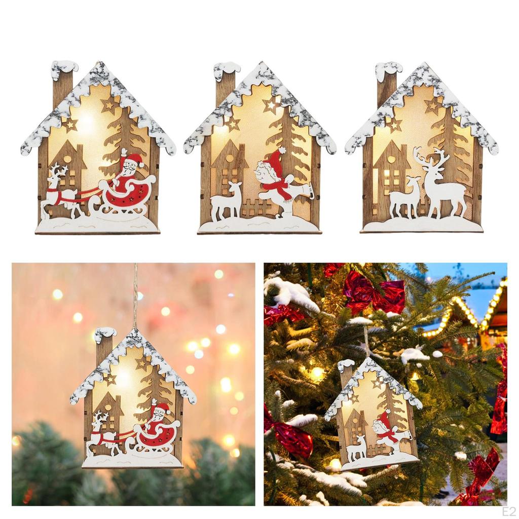 Christmas Hanging Decoration Lighted Wooden House Xmas Ornaments Home Decor