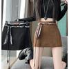 Plus Size Brown Suede A-line High-Waisted Skirt for Women - Slimming, Hip-Hugging Short Skirt for Spring and Autumn
