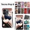Handmade PU Leather Flip Case for Tecno Pop 8 Anti-Slip Shockproof Cover with Wrist Strap & Heart/Rose Cat Designs