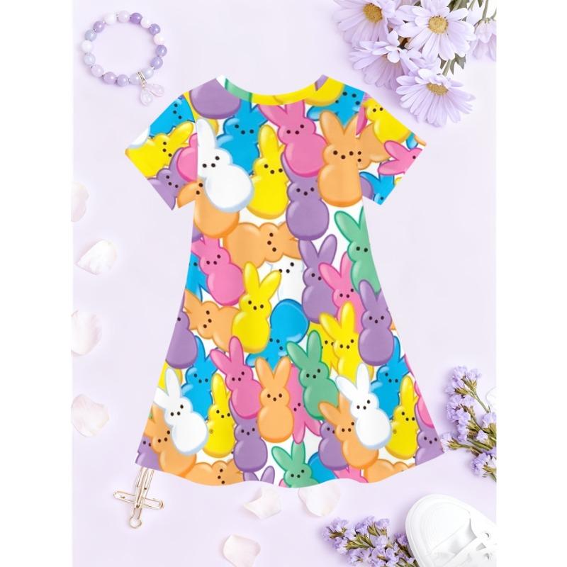 Girls' Pink 3D Flower & Butterfly print Short Sleeve Dress - Summer A-Line with Round Neck, Short Sleeves & for Outdoor Play,