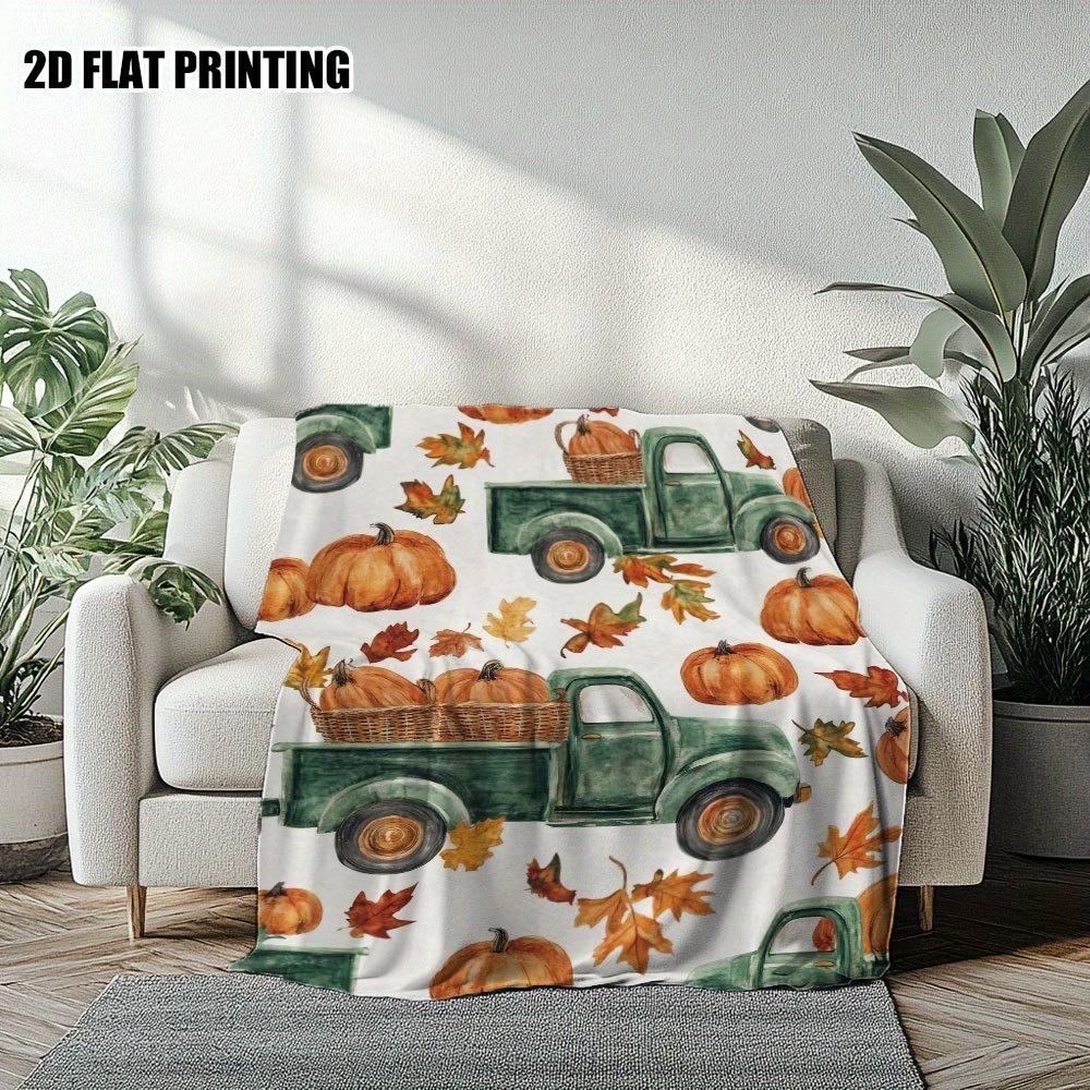 1pc Thanksgiving Pumpkin Truck Printed Flannel Blanket - Autumn Harvest Design with Pumpkins & Fall Leaves, Soft Light Beige
