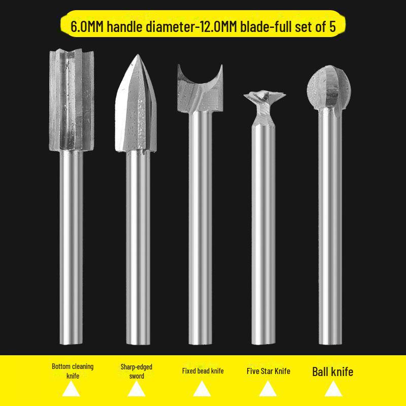 

Електричний набір ножів і свердел для різьблення по дереву: Точний інструмент для різьблення, шліфування, фрезерування та видовбування в дерев’яних роботах Rod 6mm head 12mm five-piece set