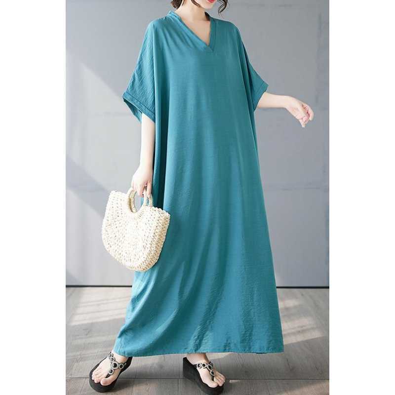 Summer Color V-neck Retro Long Skirt Cotton Linen Dress